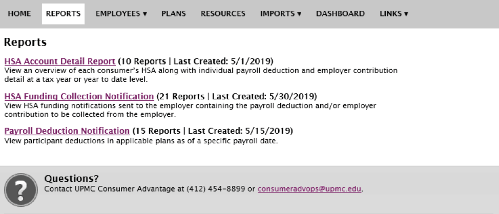 A typical Reports tab on the employer portal