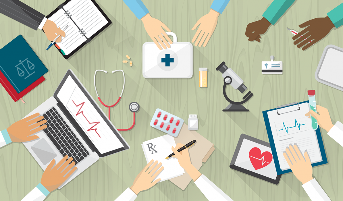 illustrated hands using laptops and tablets