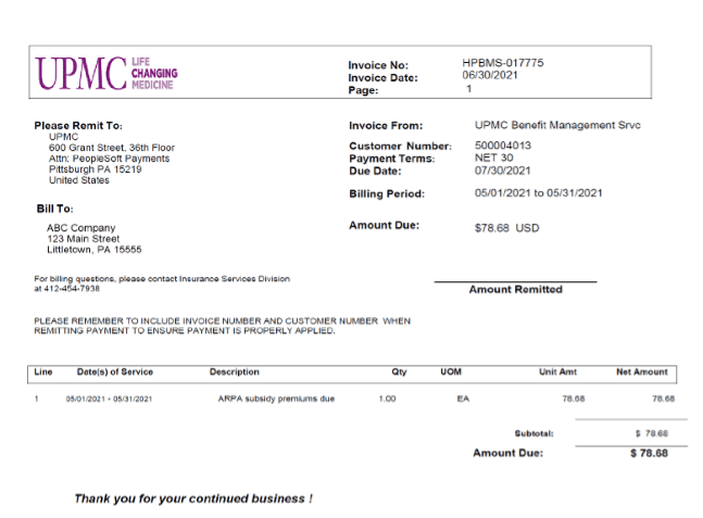 ARP subsidy premium invoice example