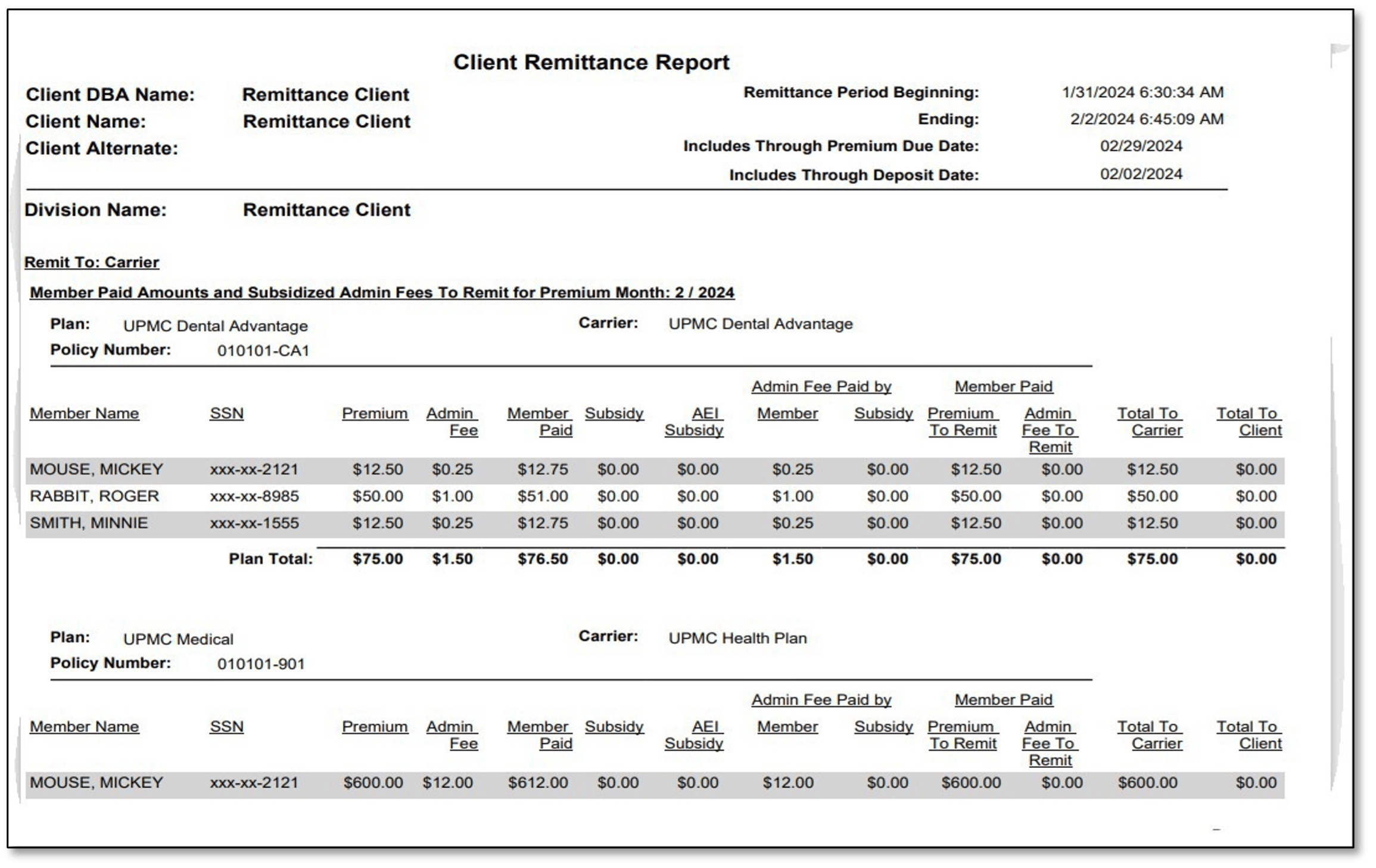 Screenshot of Remittance Report