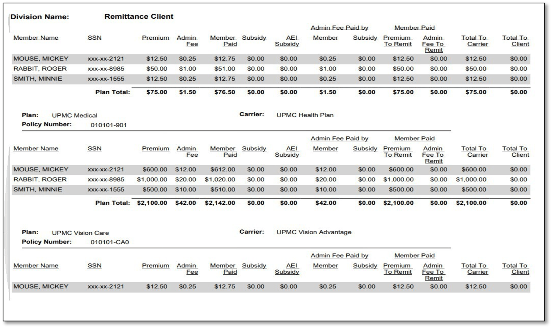 Screenshot of Remittance Report